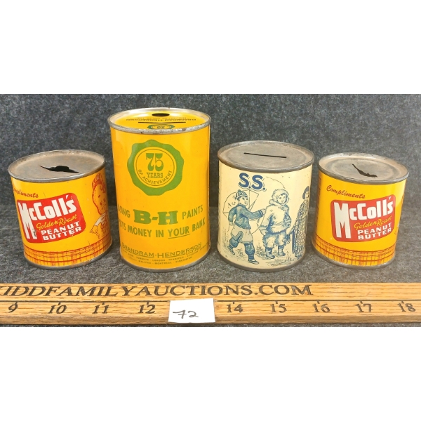 LOT OF 4 - B-H PAINTS, MCCOLL'S PEANUT BUTTER & THE LITTLE HELPERS COIN BANKS