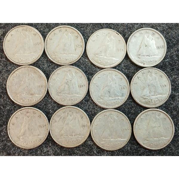 LOT OF 12 - 1943-1966 CDN 10 CENT COINS
