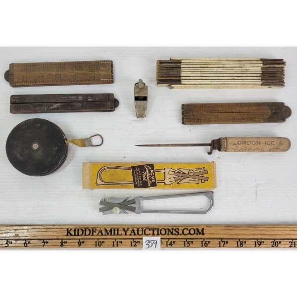 JOB LOT - ACME COMBINATION TOOL & THUNDERER WHISTLE, FOLDING RULERS, ICE PICK & MEASURING TAPE