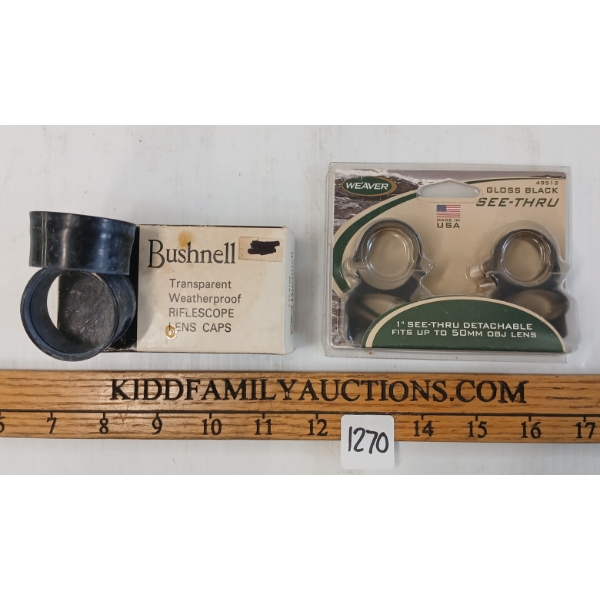 LOT OF 2 - WEAVER 1IN SEE-THRU SCOPE RINGS & BUSHNELL RIFLESCOPE LENS CAPS