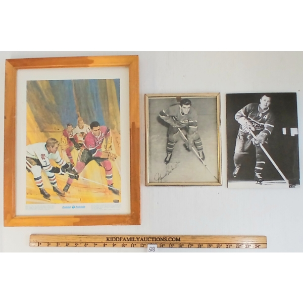 LOT OF 3 - "GREAT MOMENTS IN CANADIAN SPORTS" FRAMED PRINT & CANADIEN PLAYERS PHOTOS - AUTOGRAPHED