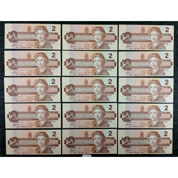 LOT OF 15 - 1986 CDN $2 BANKNOTES