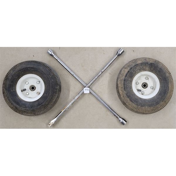 LOT OF 3 - 10IN WHEELS & LUG WRENCH 