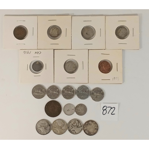 LOT OF 19 - 1907-1973 CDN COINS - 1, 5, 10 & 25 CENT COINS