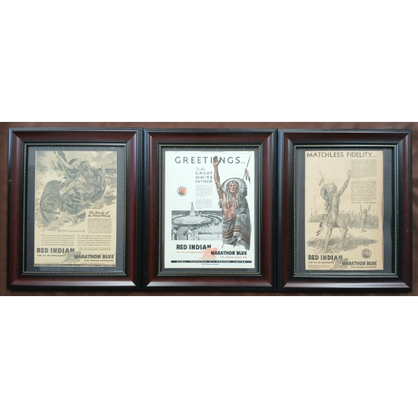 LOT OF 3 - FRAMED RED INDIAN MARATHON "BLUE" PAPER ADVERTISEMENTS