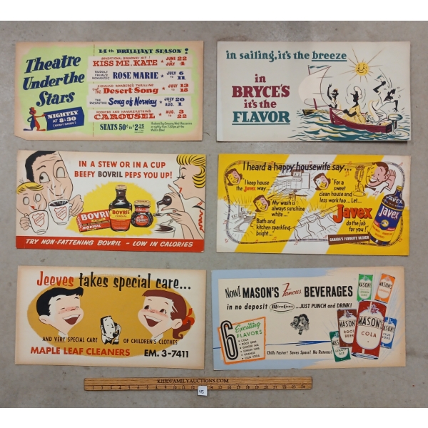 LOT OF 6 - TROLLY ADVERTISING BOARDS - INCL MASON'S COLA, BOVRIL, JAVEX & THEATRE UNDER THE STARS
