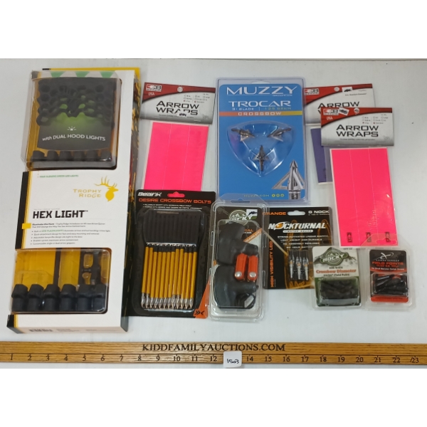 LOT OF 10 - ARCHERY - TROPHY RIDGE HEX LIGHT, DESIRE CROSSBOW BOLTS, MUZZY BROADHEADS, ETC