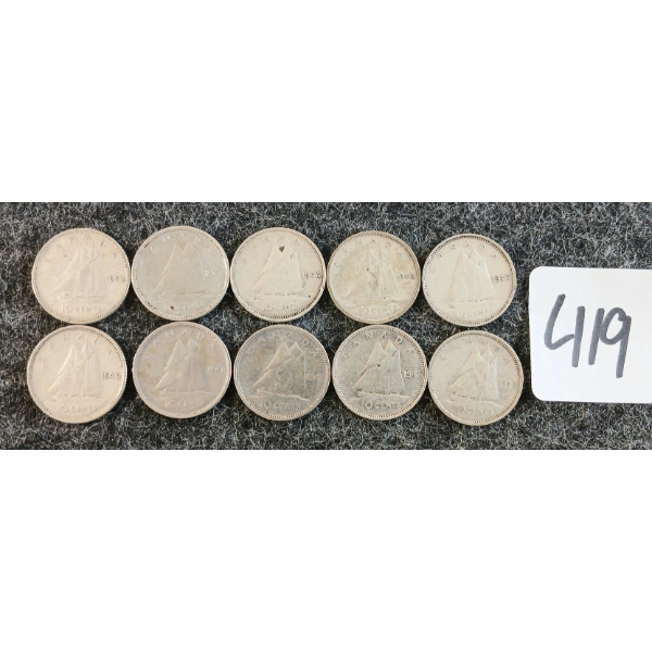 LOT OF 10 - 1947 CDN 10 CENT COINS