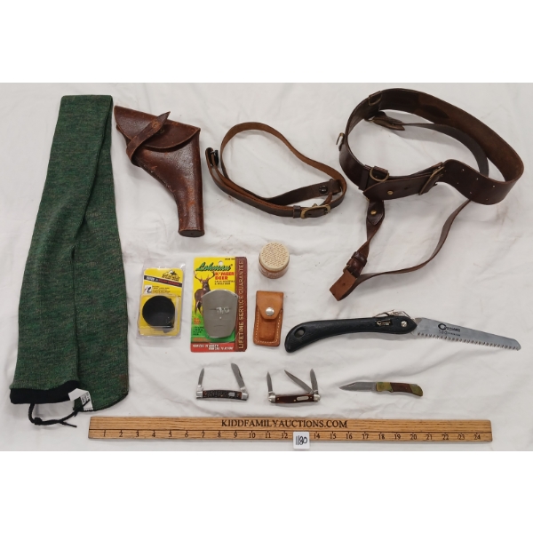JOB LOT - LEATHER HANDGUN HOLSTER & BELT, SCOPE LENS COVER, FOLDING KNIVES, GUN SOCK, POLISH, ETC