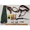 Image 1 : JOB LOT - LEATHER HANDGUN HOLSTER & BELT, SCOPE LENS COVER, FOLDING KNIVES, GUN SOCK, POLISH, ETC