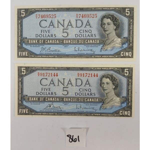 LOT OF 2 - 1954 CDN $5 BANKNOTES