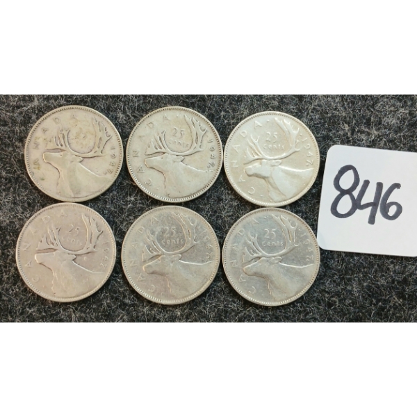 LOT OF 6 - 1947 CDN 25 CENT COINS
