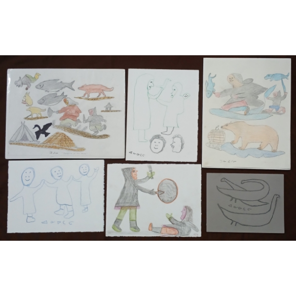 LOT OF 7 - PENCIL CRAYON DRAWINGS BY LUKE ANOWTALIK & TOONA IQULIK - FT "CAMPERS ON THE LAND"