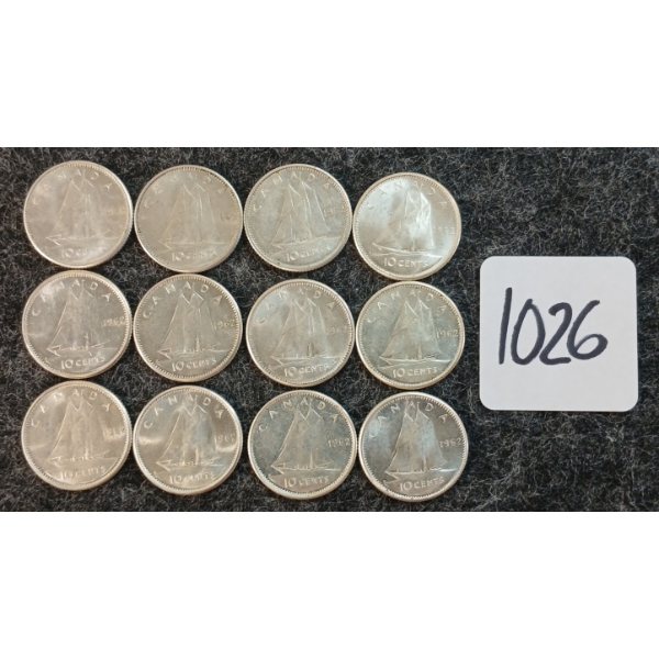 LOT OF 12 - 1962 CDN 10 CENT COINS