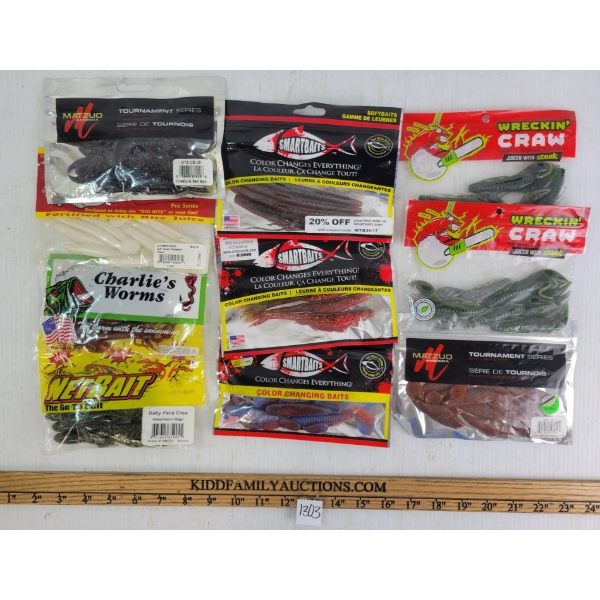 LOT OF 10 - SOFT BAIT PACKS - INCL CHARLIE'S WORMS, SMART BAITS, ETC
