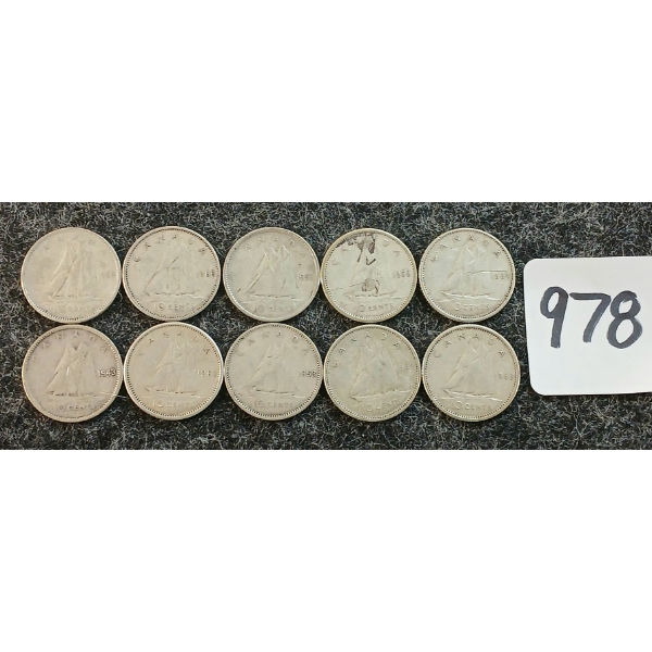 LOT OF 10 - 1943-1966 CDN 10 CENT COINS