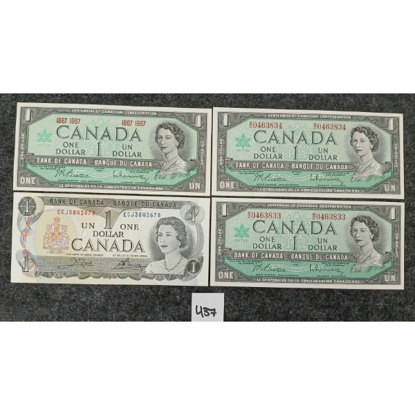 LOT OF 4 - 1967 & 1973 CDN $1 BANKNOTES - INCL CONSECUTIVE 