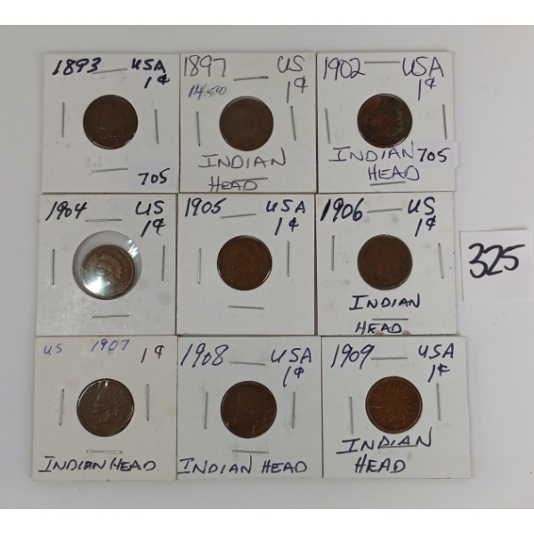 LOT OF 9 - 1893 - 1909 US INDIAN HEAD CENTS