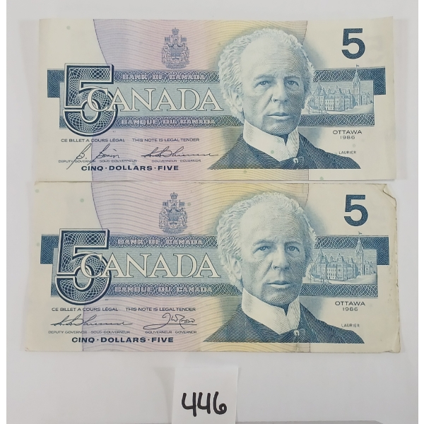 LOT OF 2 - 1986 CDN $5 BANKNOTES