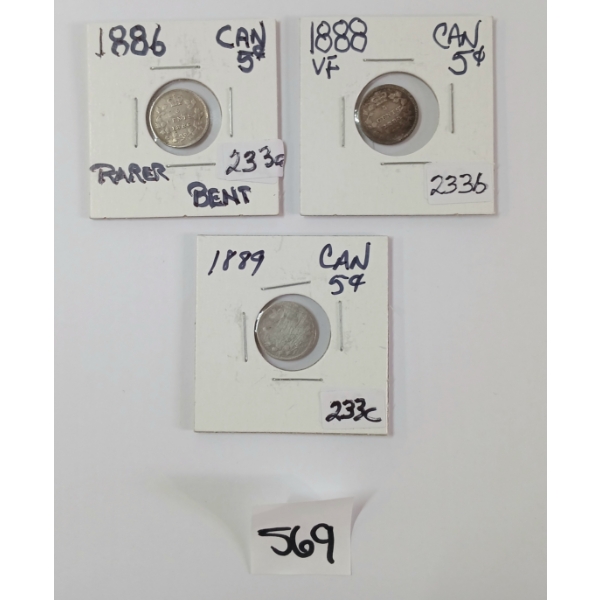 LOT OF 3 - 1886, 1888 & 1889 CDN 5 CENT SILVER COINS