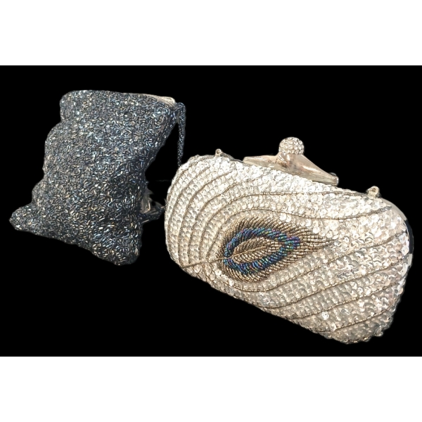LOT OF 2 - MIDNIGHT BLUE & PEACOCK FEATHER BEADED CLUTCH BAGS