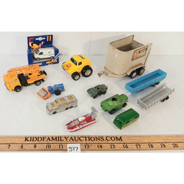 LOT OF 12 - MISC DIECAST MODELS, TONK TRAILER, & PLASTIC CARS - INCL CORGI