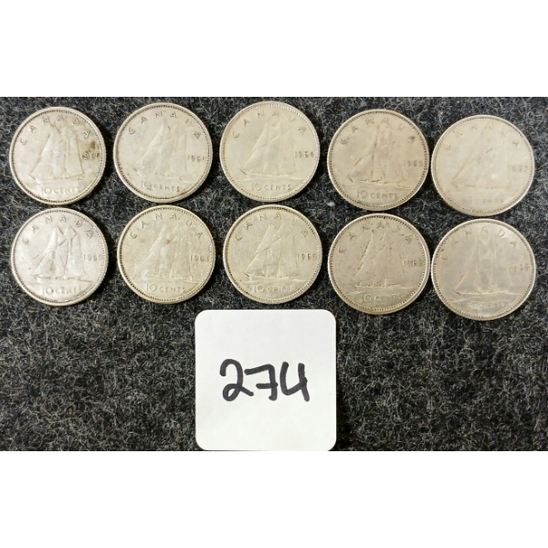 LOT OF 10 - 1963-1965 CDN 10 CENT COINS