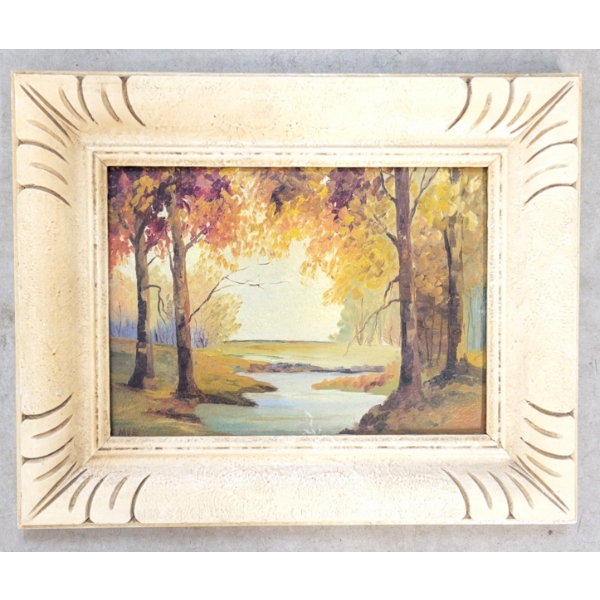 AUTUMN CREEK BY E. MYLE - FRAMED OIL ON CANVAS BOARD