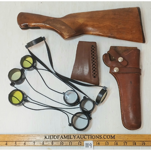 JOB LOT - UNKNOWN BUTT STOCK, BUTT PAD, HUNTER HANDGUN HOLSTER & SCOPE LENS COVERS