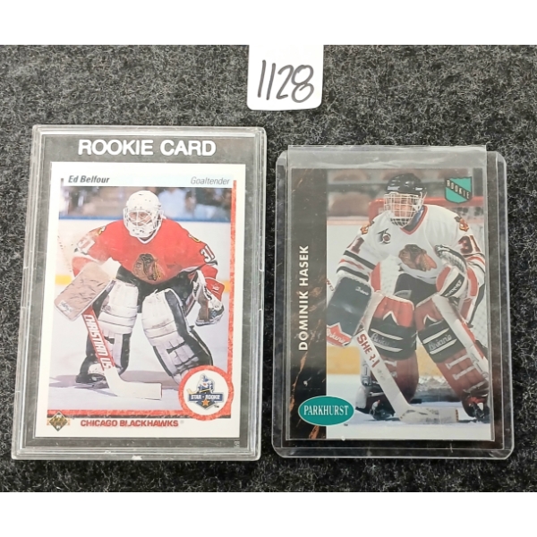 LOT OF 2 - 1989/90 #55 ED BELFOUR & 1991/92 #264 DOMINIK HASEK ROOKIE U.D & P.H. HOCKEY CARDS