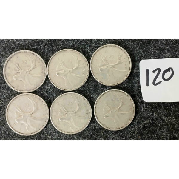 LOT OF 6 - 1958, 1960, 1962, 1965, 1966 CDN 25 CENT COINS