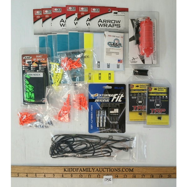LOT OF 19 - ARCHERY ACCESSORIES - ARROW WRAPS, NOCKS, BOLT PULLER, PEEPS, ETC
