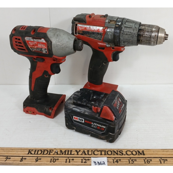 LOT OF 3 - MILWAUKEE IMPACT DRIVER & DRILL / HAMMER W/ BATTERY PACK