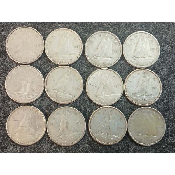 LOT OF 12 - 1950-1966 CDN 10 CENT COINS