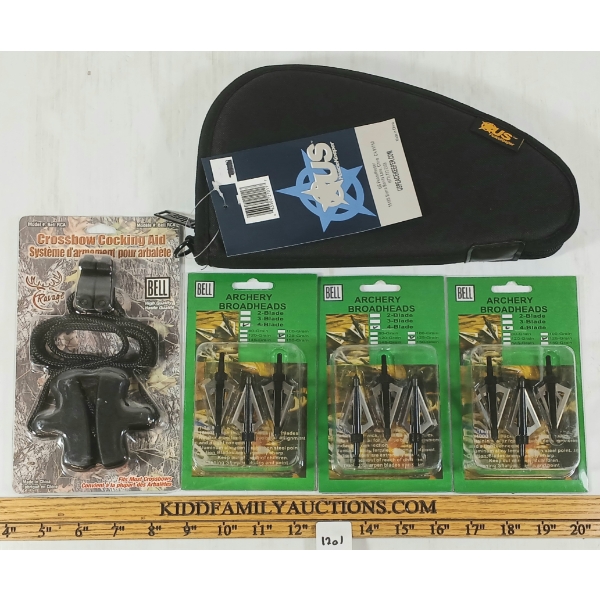 LOT OF 5 - BELL ARCHERY BROADHEADS, CROSSBOW COCKING AID & US PEACEKEEPER PISTOL CASE - AS NEW