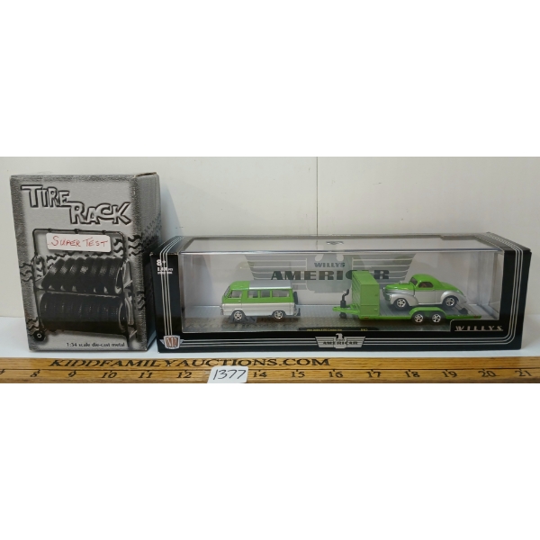 LOT OF 2 - M2 WILLYS AMERICAR & FIRST GEAR SUPER TEST TIRE RACK DIECAST MODELS