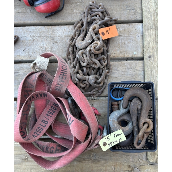 JOB LOT - 15 FOOT TOW CHAIN & STRAP, HOOKS