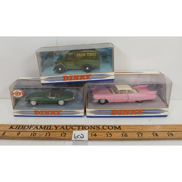 LOT OF 3 - DIECAST DINKY TOYS - INCL 1959 CADILLAC & 1968 JAGUAR, ETC