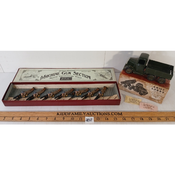 LOT OF 2 - BRITAINS SOLDIERS LEAD FIGURES - NO. 194 MACHINE GUN SECTION & 1335 6 WHEELED ARMY LORRY
