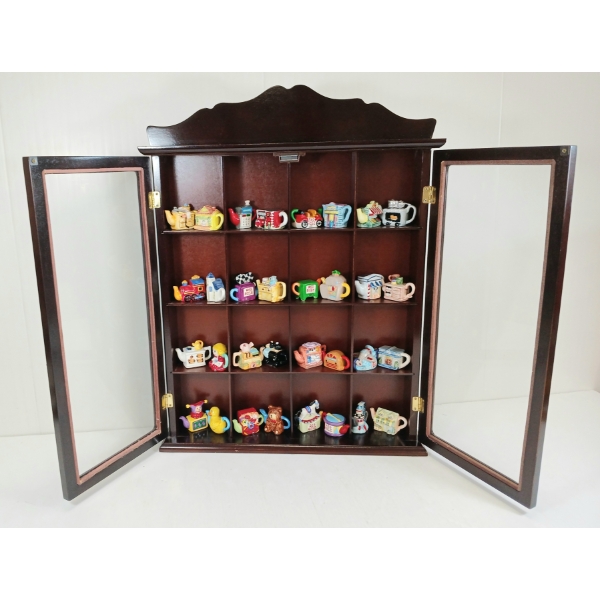 QTY OF RED ROSE TEAPOT FIGURINES W/ DISPLAY CASE