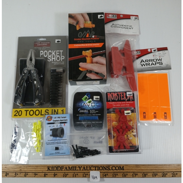 LOT OF 10 - ARCHERY - POCKET SHOP, OMP BOW / ARROW LEVEL KIT, DUAL TRAP COLLARS, ETC