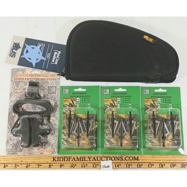 LOT OF 5 - BELL ARCHERY BROADHEADS, CROSSBOW COCKING AID & US PEACEKEEPER PISTOL CASE - AS NEW