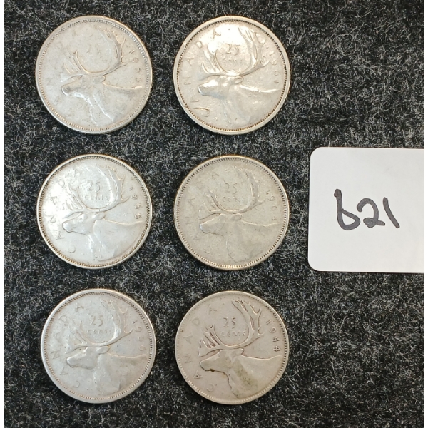 LOT OF 6 - 1944-1966 CDN 25 CENT COINS