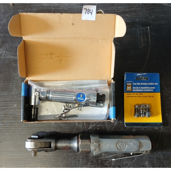 LOT OF 2 - POWER FIST 1/4IN ANGLE AIR DIE GRINDER & AIR RATCHET