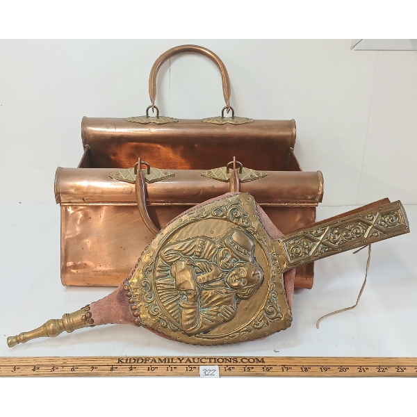 LOT OF 2 - BELLOWS & FIREPLACE LOG HOLDER - COPPER & BRASS