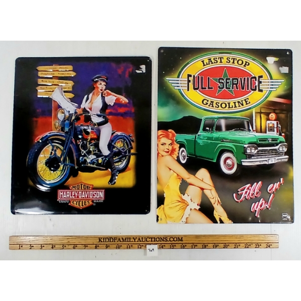 LOT OF 2 - HARLEY-DAVIDSON MOTORCYCLES & LAST STOP GASOLINE EMBOSSED SST SIGNS
