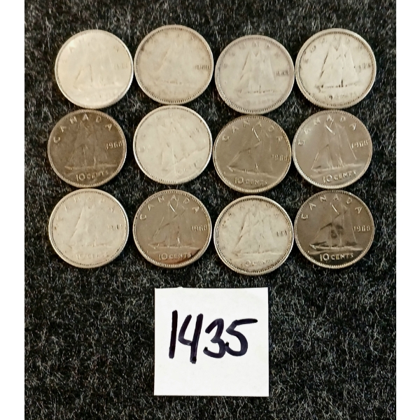 LOT OF 12 - 1953-1968 CDN 10 CENT COINS