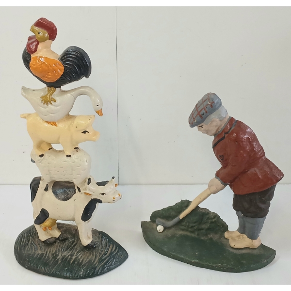 LOT OF 2 - DOOR STOPS - CAST IRON FARM ANIMALS & THE GOLFER 