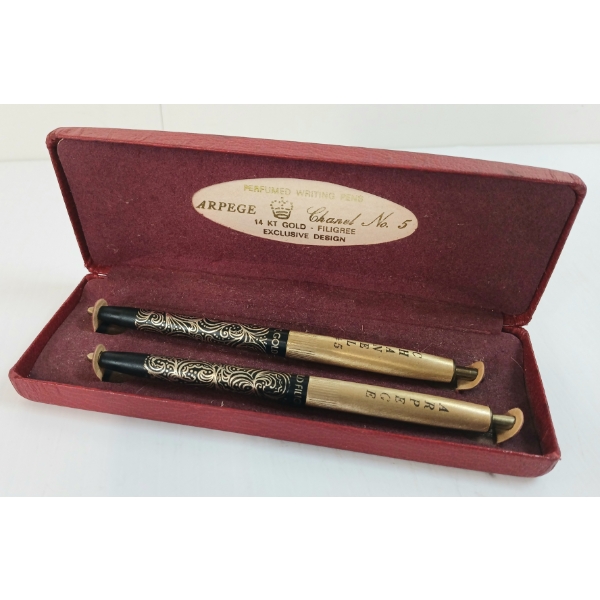 PAIR OF 14K GOLD FILIGREE ARPEGE CHANEL NO. 5 PERFUMED WRITING PENS