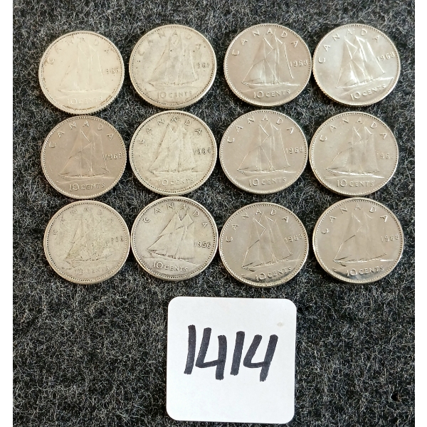 LOT OF 12 - 1956-1968 CDN 10 CENT COINS